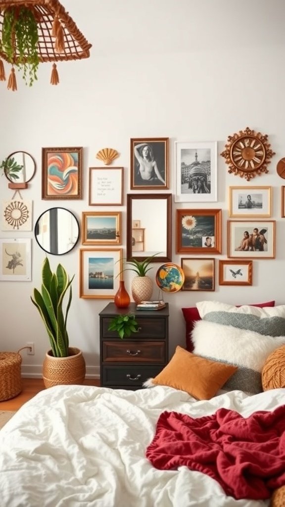 A cozy bohemian bedroom with a gallery wall featuring various framed artworks and mirrors.