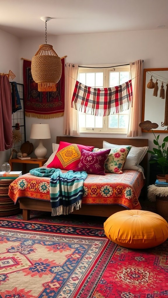 A cozy bedroom featuring bohemian textiles with colorful patterns and pillows, layered blankets, and warm lighting.