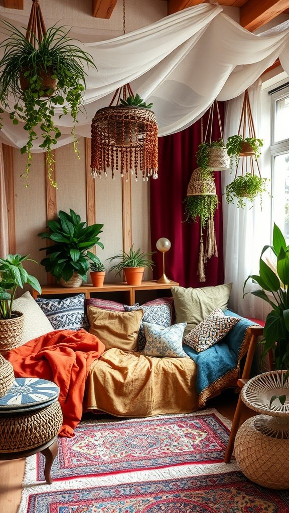 Bohemian-style bedroom with textured layers, plants, and colorful decor.