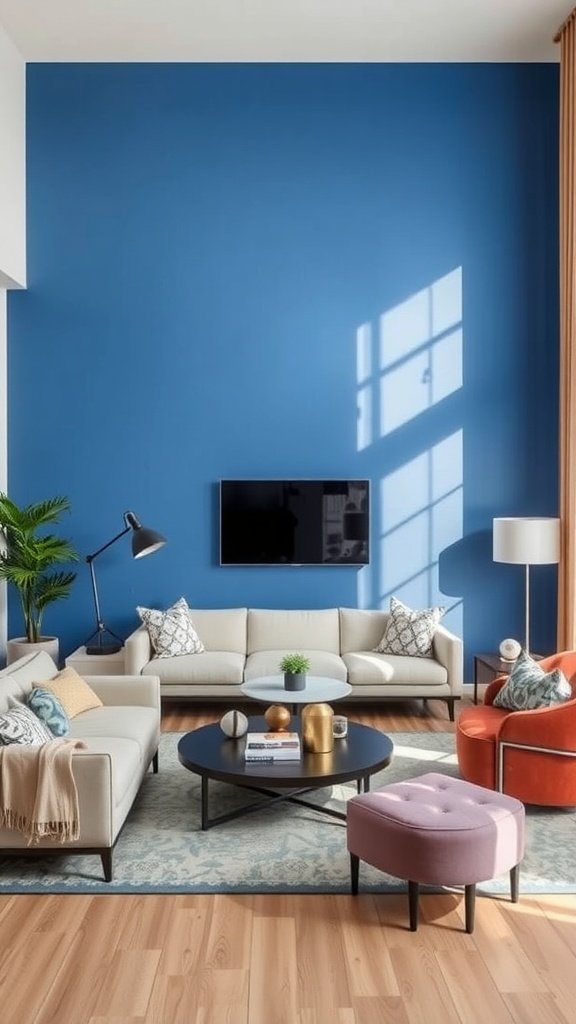 A living room featuring a bold blue accent wall, light-colored furniture, and colorful decor.