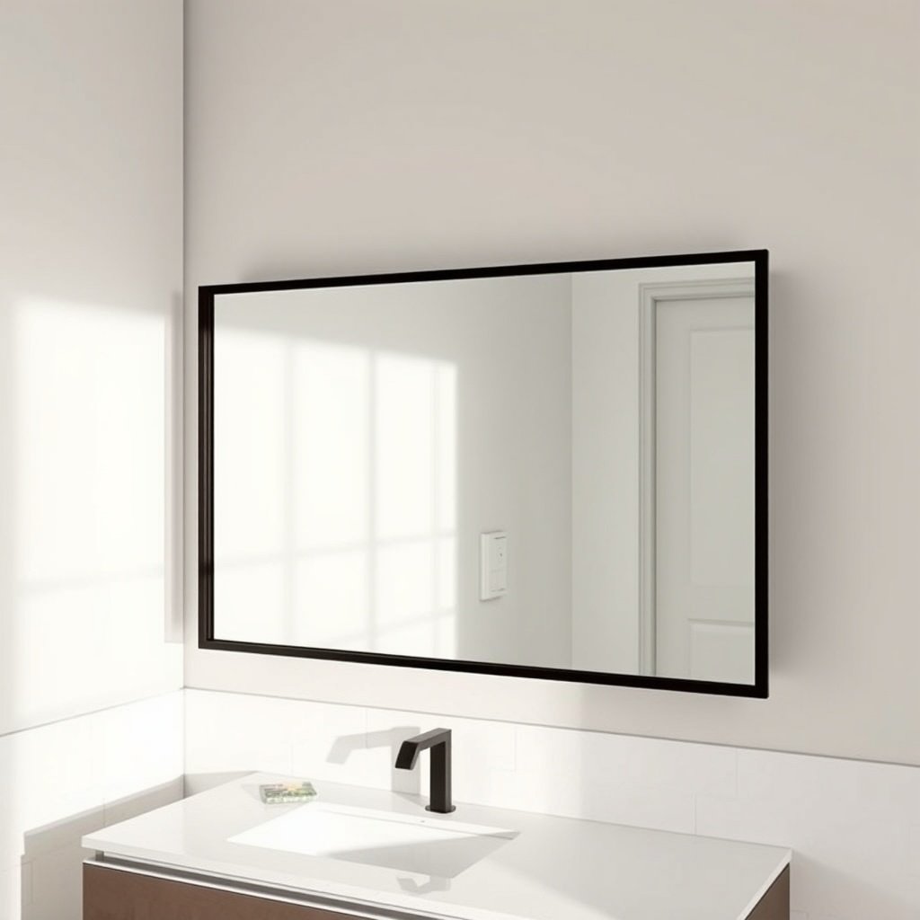 A bold black rectangular mirror above a bathroom sink