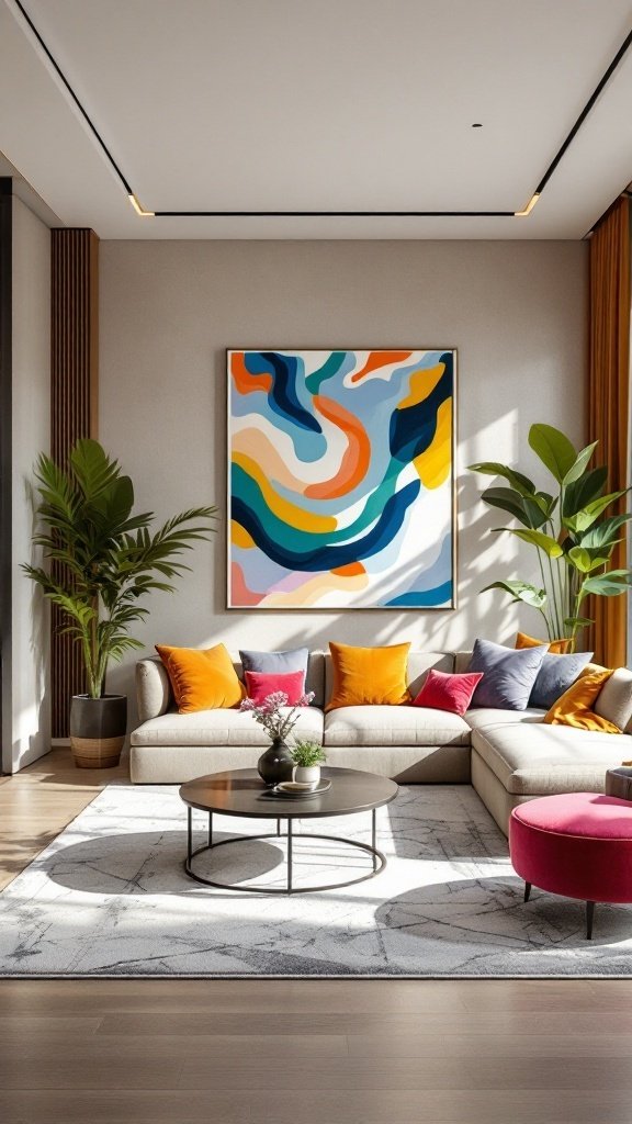 A modern living room featuring a beige sofa with colorful pillows, a round coffee table, and a large abstract painting on the wall.