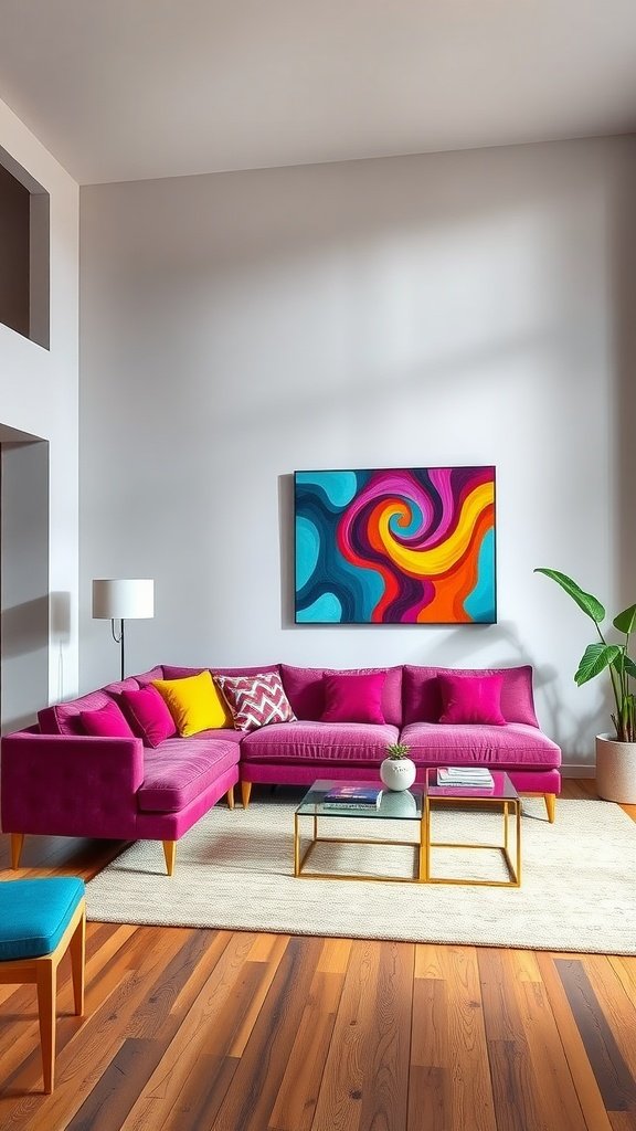 A contemporary living room with a bold pink sectional sofa, colorful pillows, and vibrant wall art.