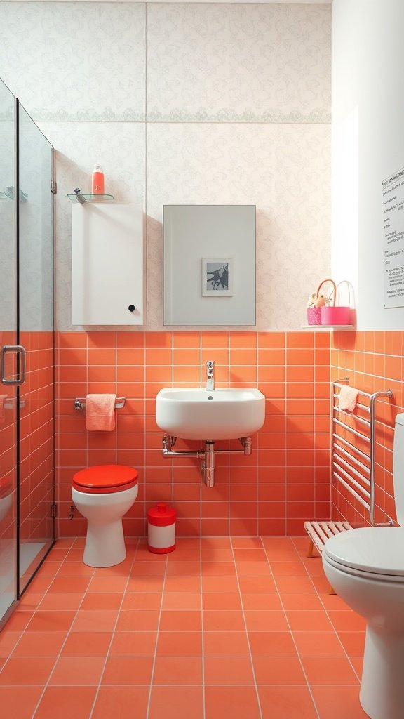 A modern bathroom with bold orange tiles and accents.