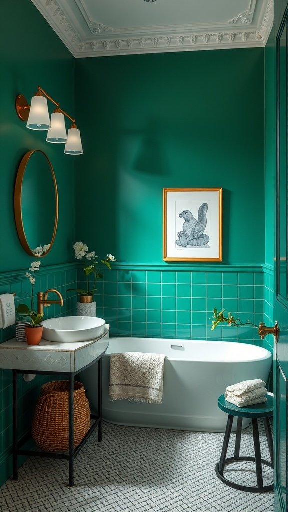 A bathroom featuring bold emerald green walls with decorative elements.