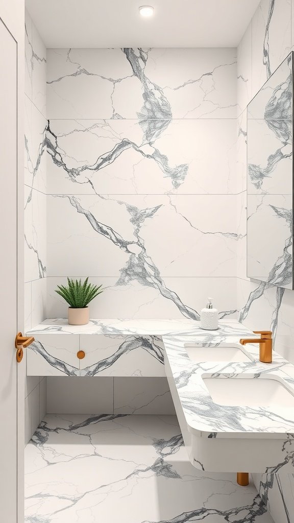 A modern bathroom featuring a bold marble countertop with striking patterns.