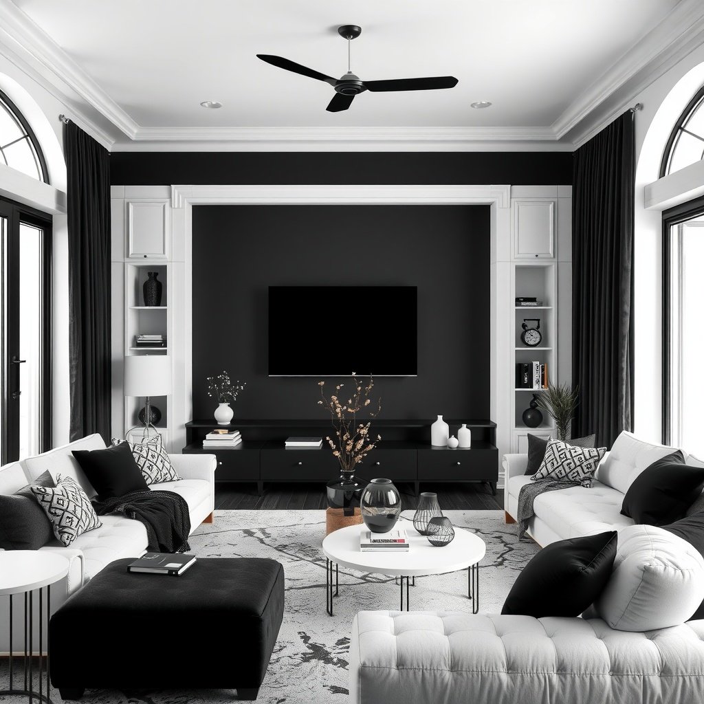 A stylish living room featuring a bold monochrome color palette with black and white furniture and decor.