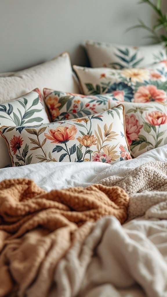 A collection of floral patterned throw pillows arranged on a bed