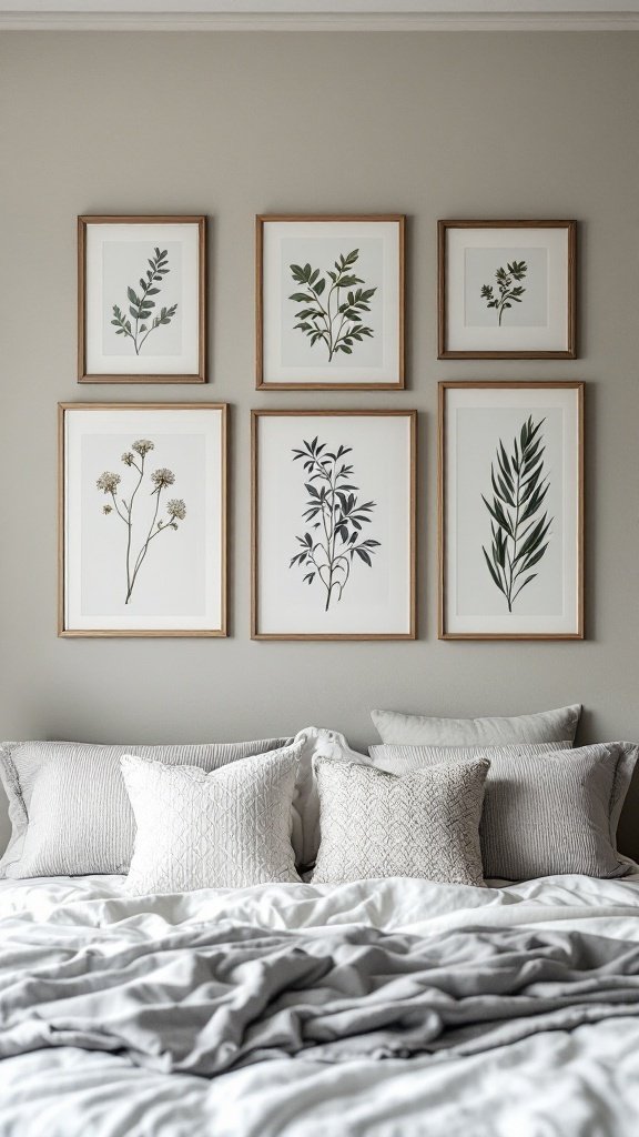 A collection of botanical prints framed on a wall above a neatly made bed.