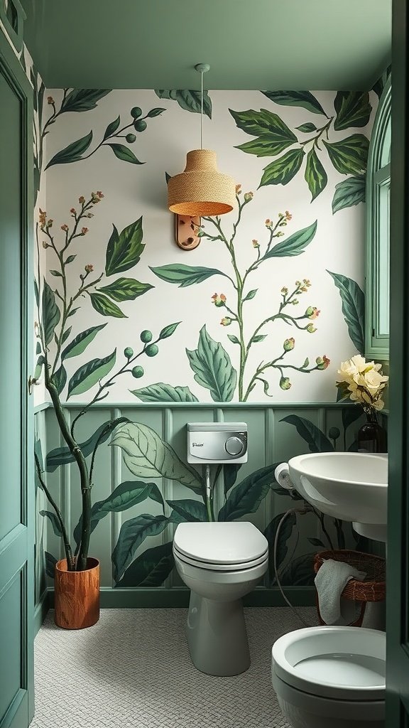 A bathroom featuring botanical wall art with large leaves and plants, creating a fresh and inviting atmosphere.