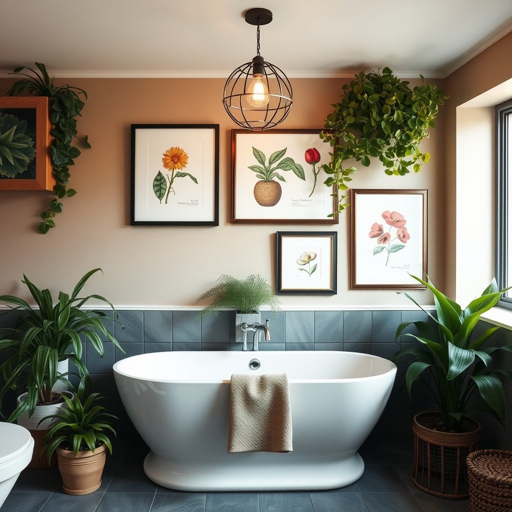 A modern bathroom with botanical wall art featuring framed floral illustrations and plants.