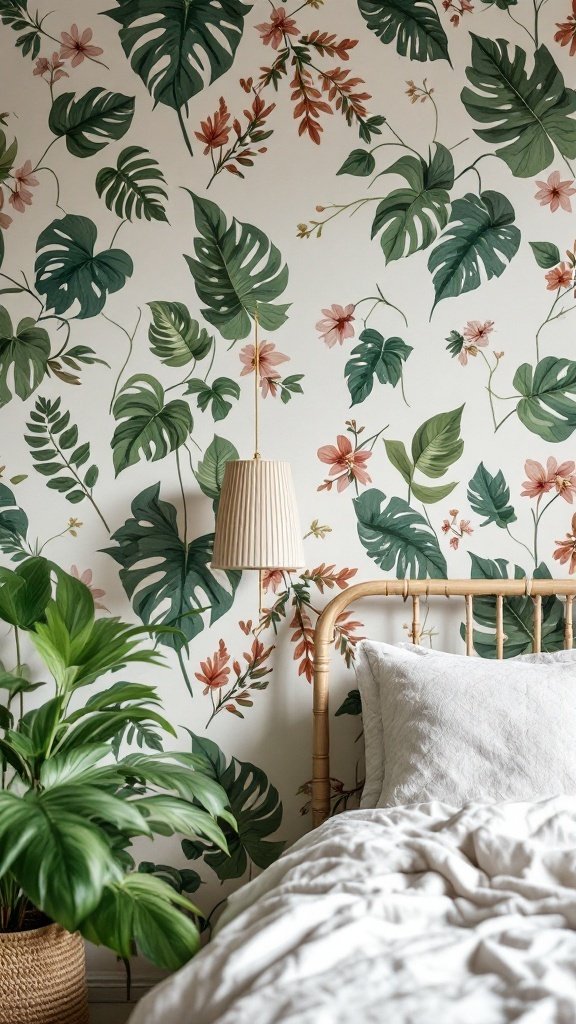 A cozy bedroom featuring botanical wallpaper with various green leaves and soft pink flowers, complemented by a plant and a light-colored bed.