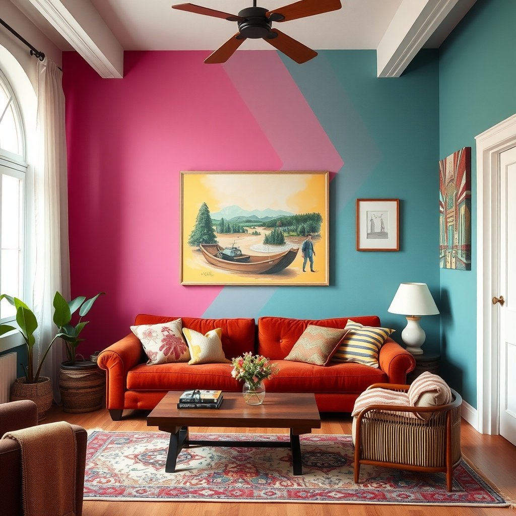 A bright living room featuring pink and teal accent walls, an orange couch, and boho decor.
