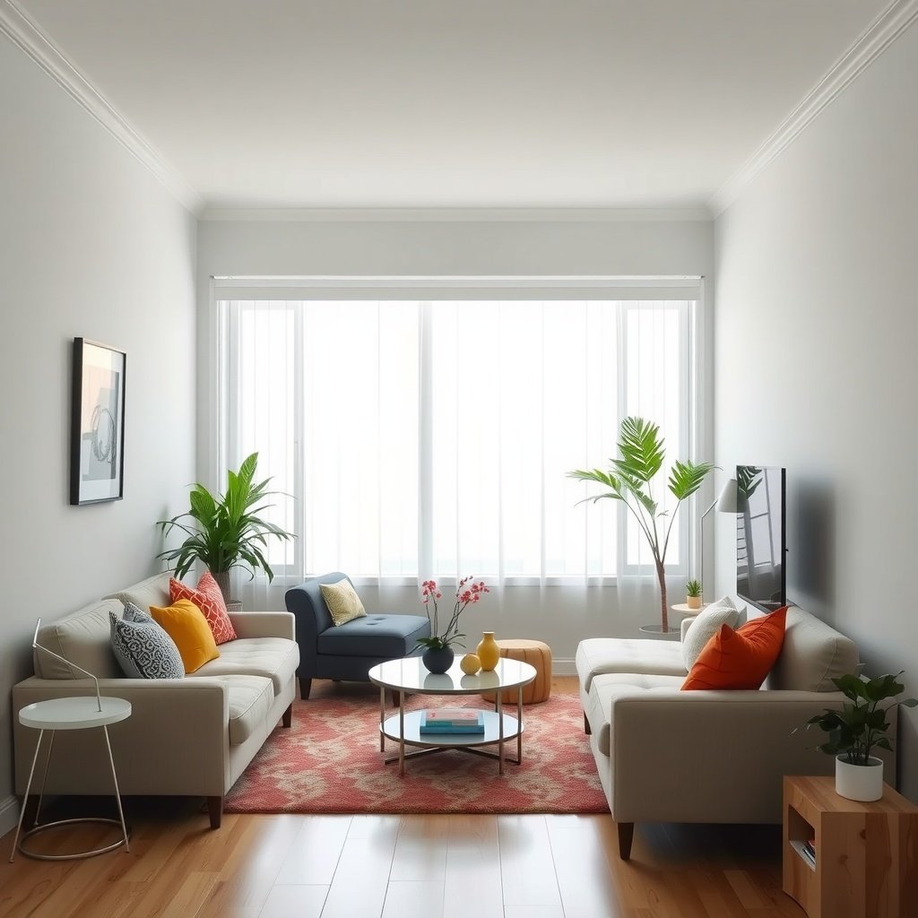 A small living room with neutral furniture and bright accent pillows, creating a spacious feel.