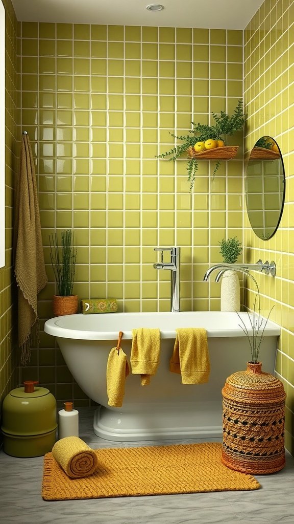 A bathroom featuring olive green and yellow tiles with vibrant accessories