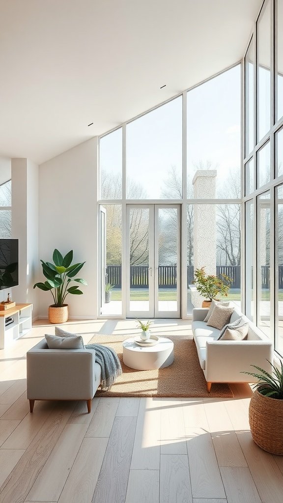 A modern living room with large windows allowing natural light, featuring light-colored sofas, a round coffee table, and plants.