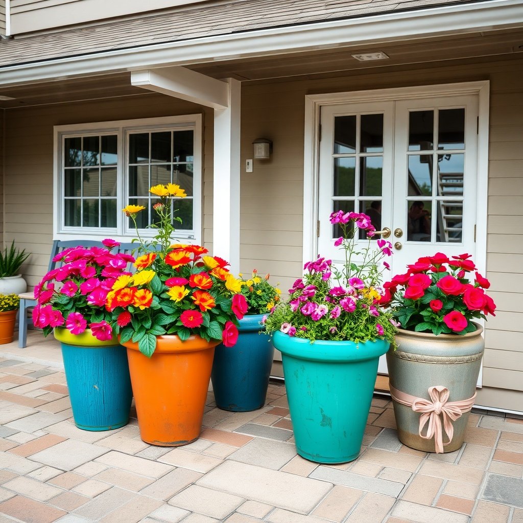 Colorful patio planters filled with vibrant flowers.
