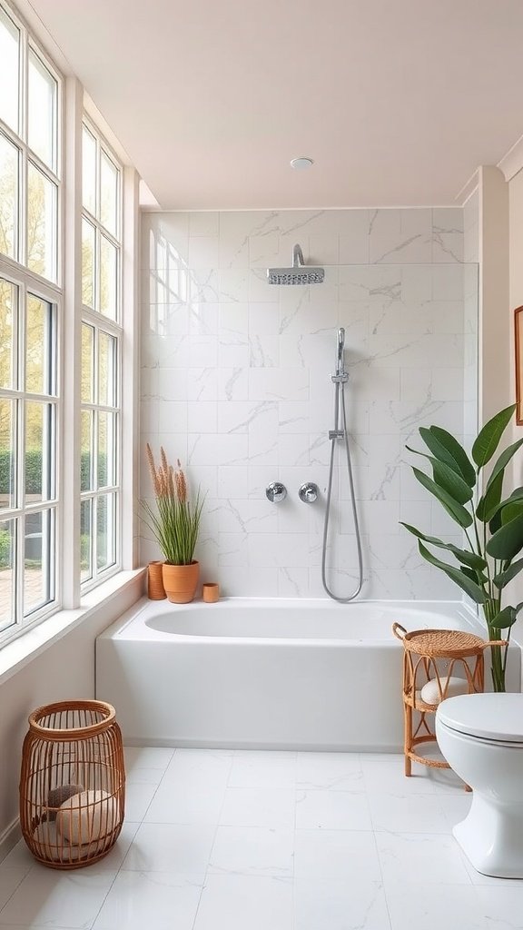 A bright and airy shower nook with large windows, a tub, and plants.