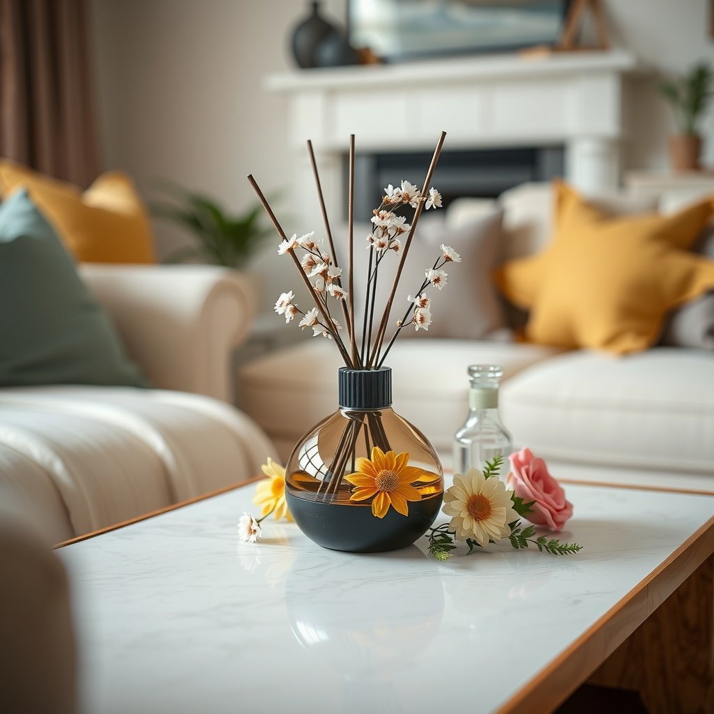 A decorative diffuser with flowers on a coffee table in a bright living room setting.