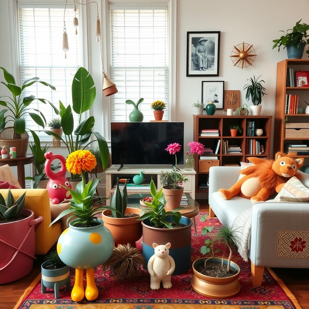 A vibrant living room filled with whimsical decor, including colorful planters and playful accessories.