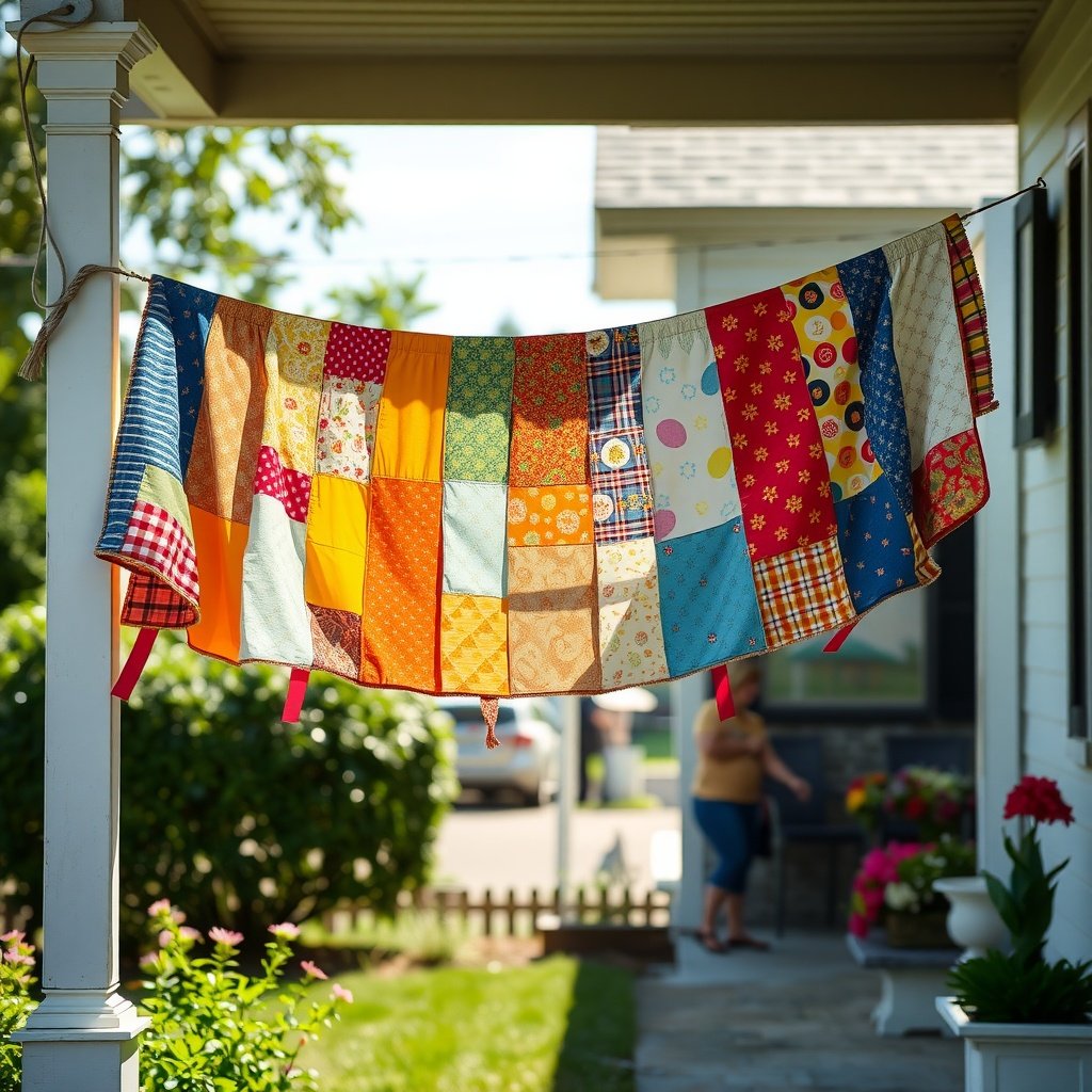 A colorful fabric banner hanging on a porch, made of various patterned fabrics.
