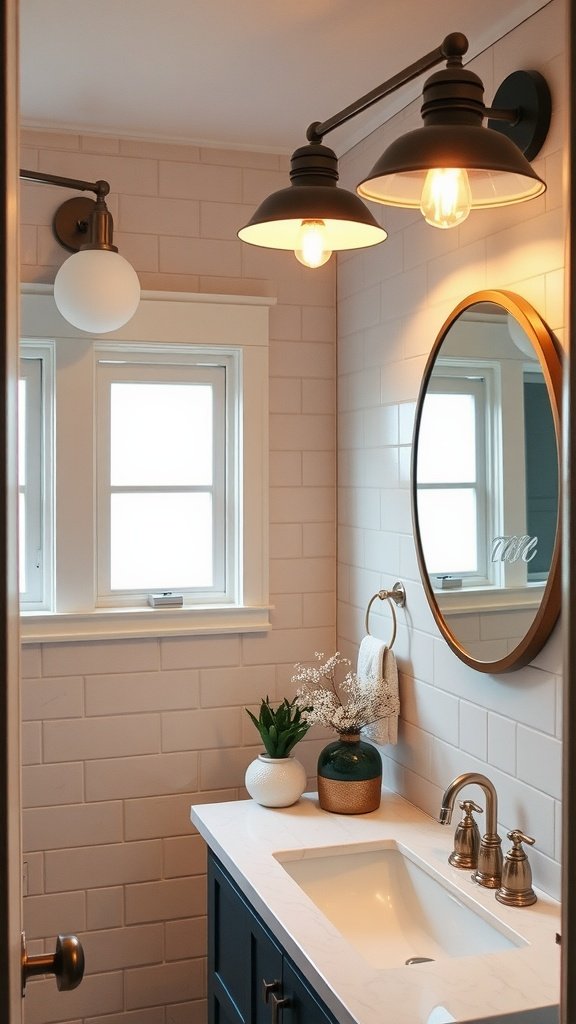 A bright bathroom featuring stylish wall sconces and a mirror.