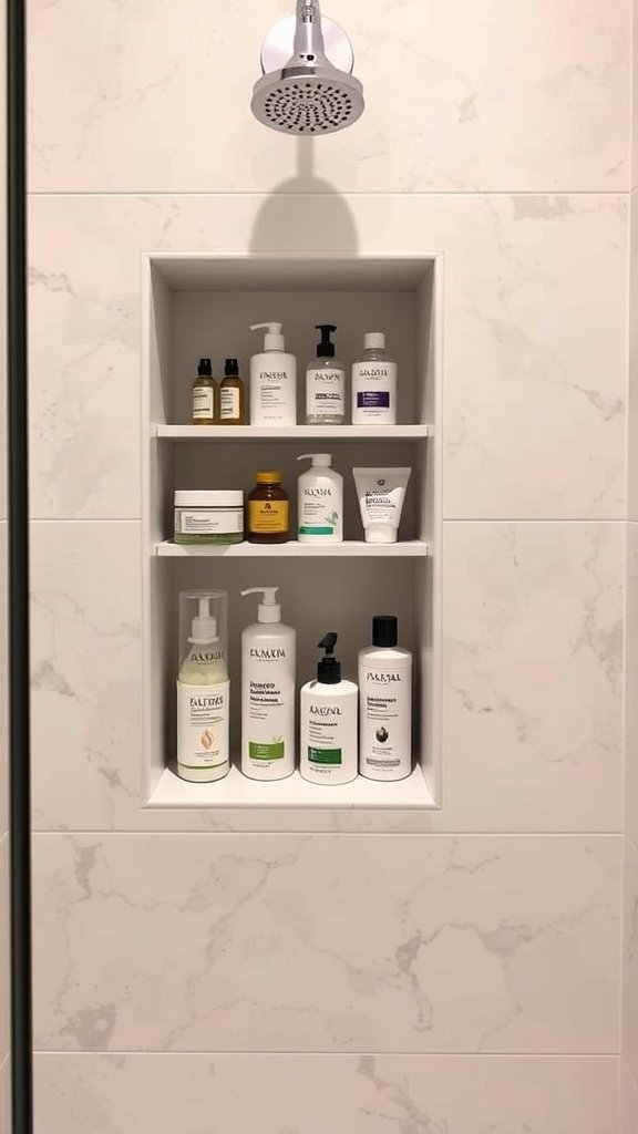 Built-in niche displaying various toiletries in a bathroom shower.