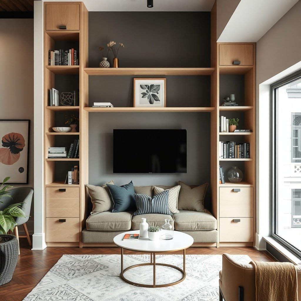 Cozy built-in shelves with seating in a small living room, featuring a television, decorative items, and cushions.