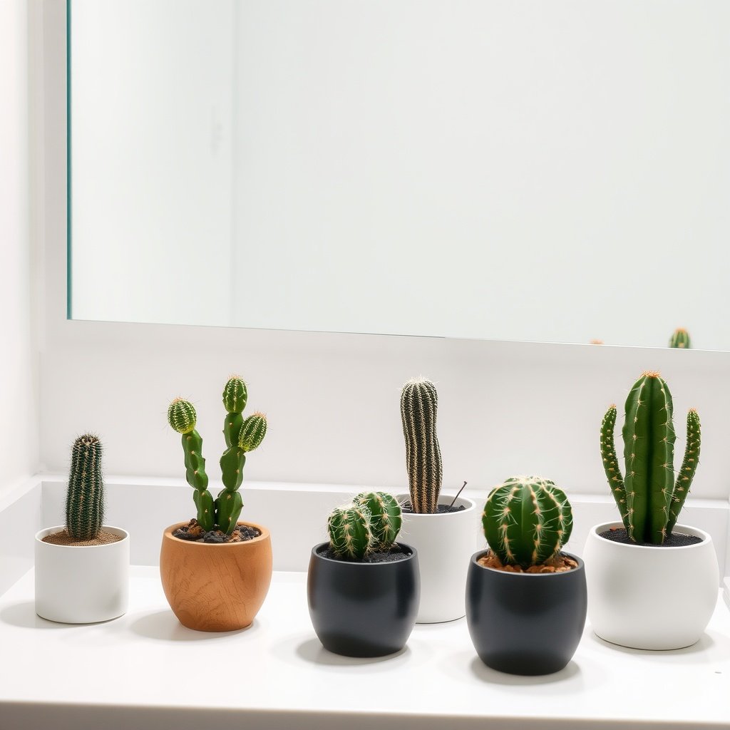 A variety of small cacti in decorative pots on a bright bathroom countertop.