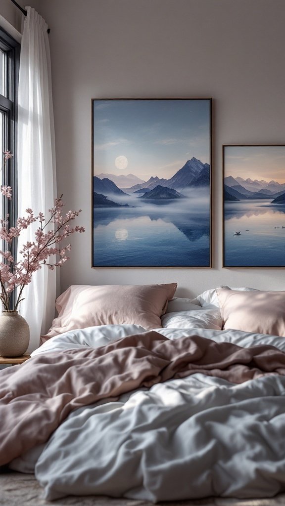 A serene bedroom with soothing nature artwork on the walls, featuring mountains and a lake.