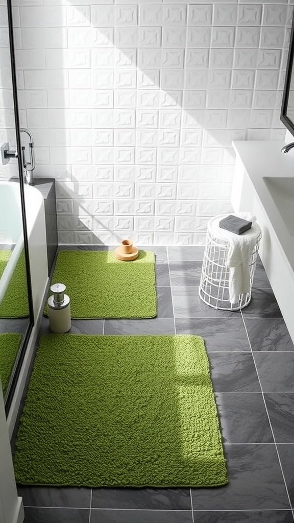 Two bright green bath mats in a modern bathroom setting