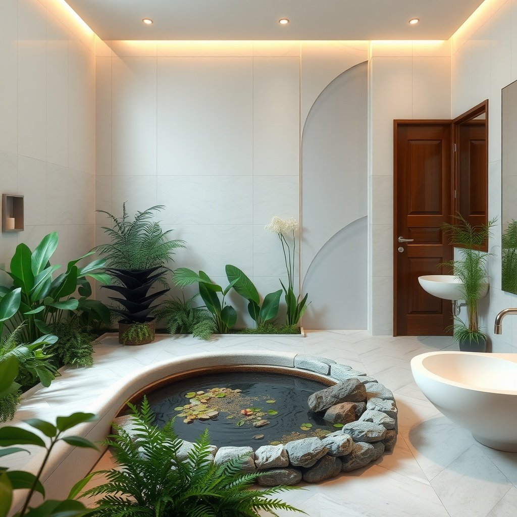 A modern bathroom featuring a calming water feature surrounded by various indoor plants.