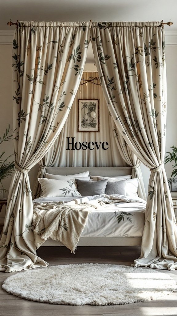 A cozy bedroom featuring a canopy bed with leafy fabric curtains, soft bedding, and a round rug.