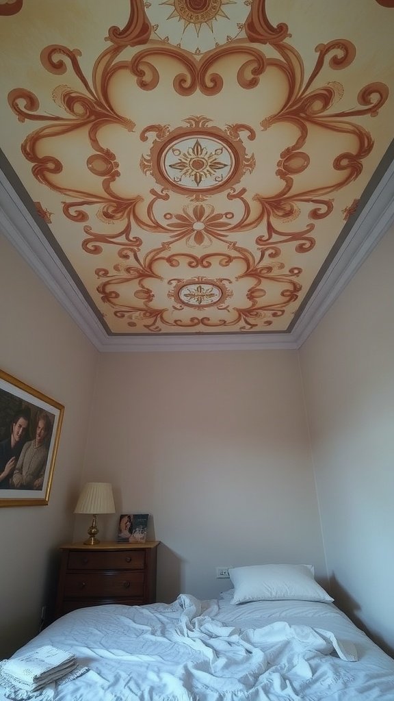 A beautifully designed ceiling with intricate patterns in a cozy bedroom.