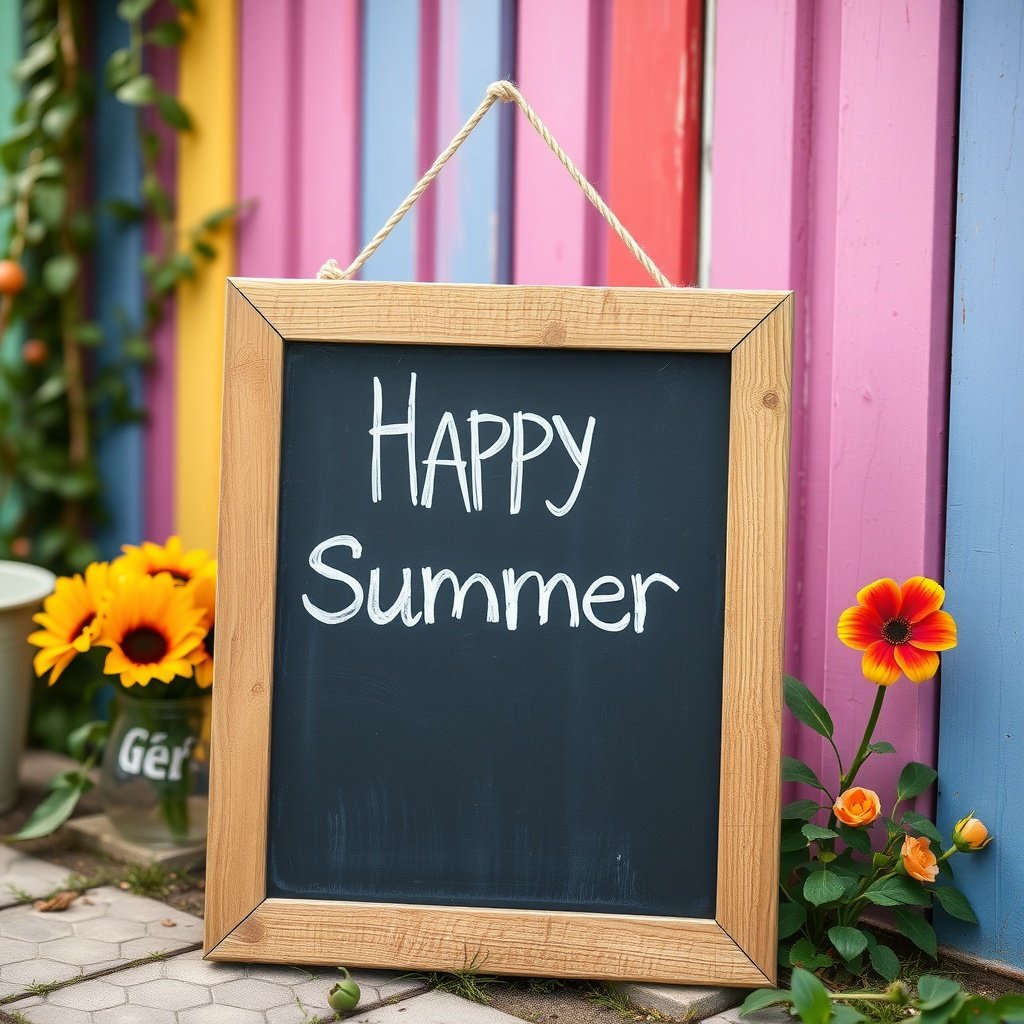 Chalkboard sign displaying 'Happy Summer' with colorful background and flowers.