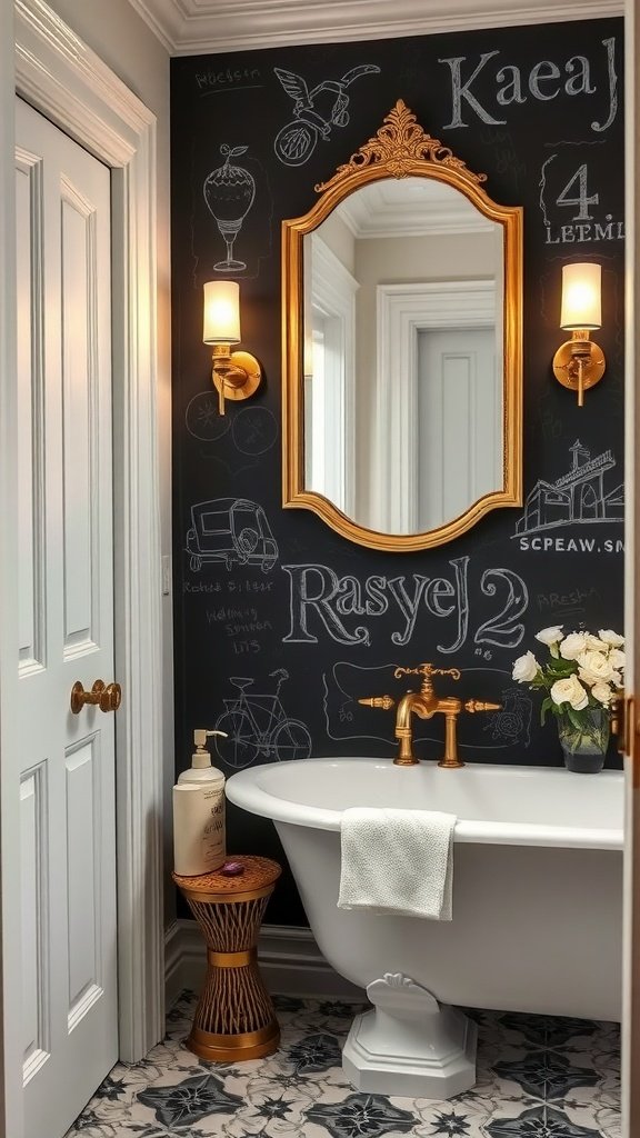 Chalkboard wall in a bathroom with handwritten notes and reminders.