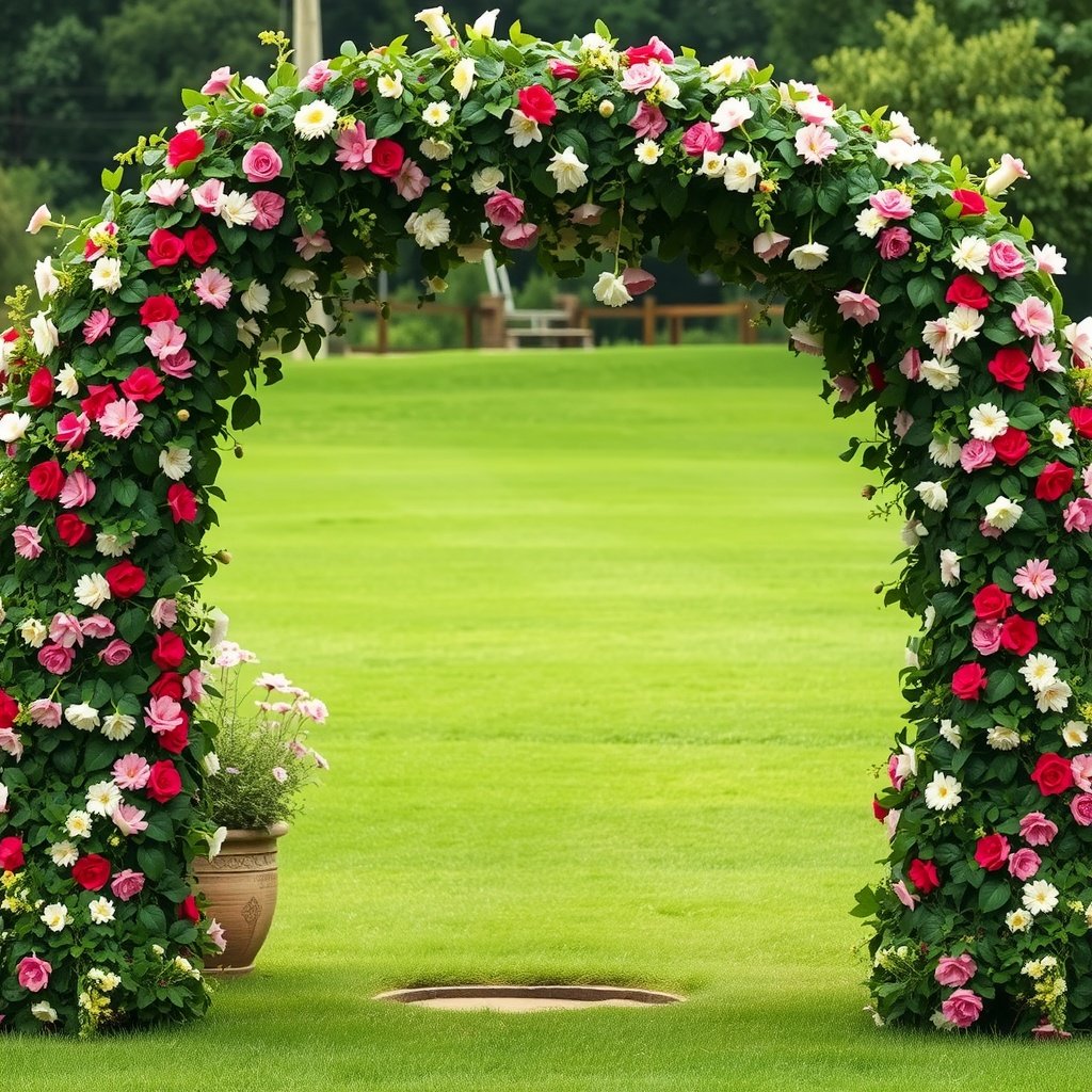 A beautifully decorated garden arch covered in vibrant flowers, set against a green lawn.