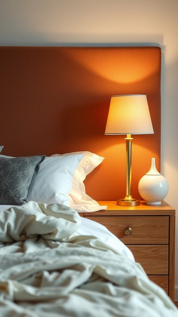 A cozy bedroom with a warm lamp and decorative vase on a nightstand