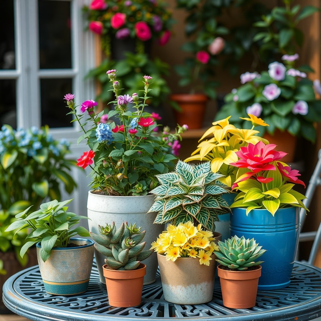 A collection of colorful potted plants displayed on a patio table.