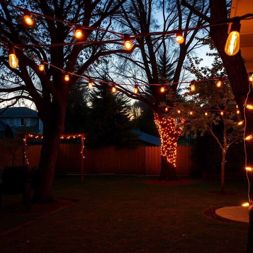 Outdoor string lights illuminating a backyard at dusk.