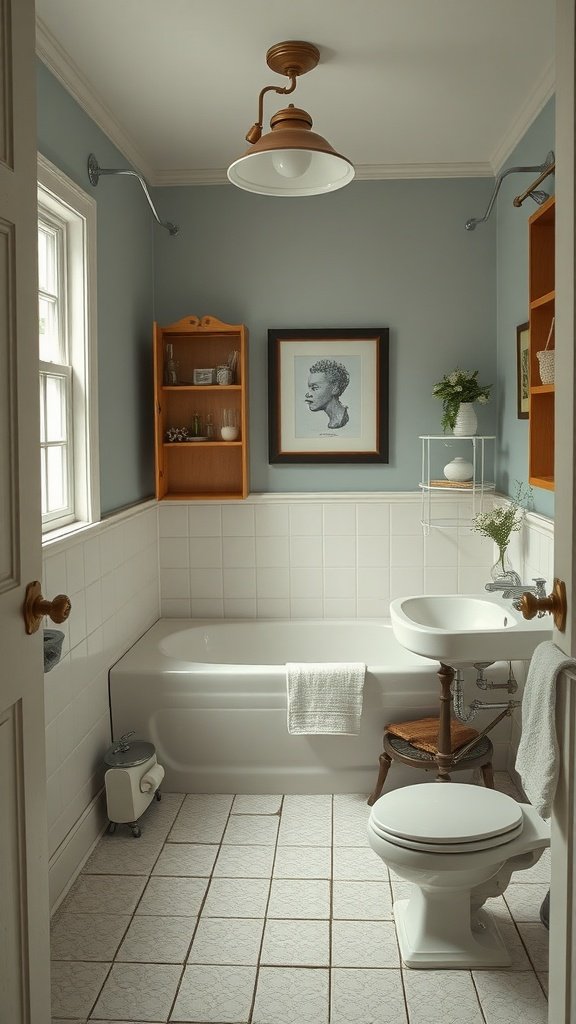 A cozy vintage-inspired bathroom featuring a classic light fixture, wooden shelving, and framed artwork.