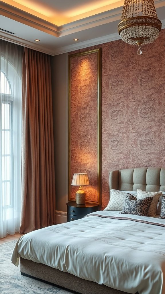 Elegant bedroom with a chic accent wall, warm lighting, and stylish decor.