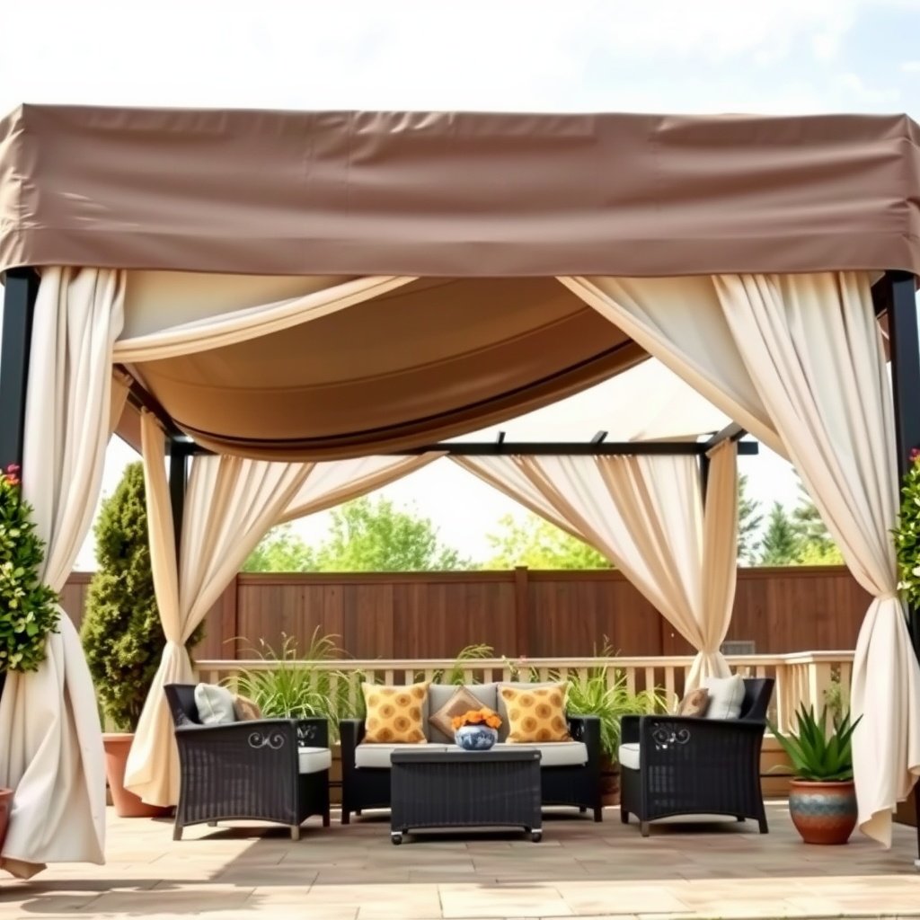 A stylish outdoor canopy with draped fabric and comfortable seating, surrounded by plants.