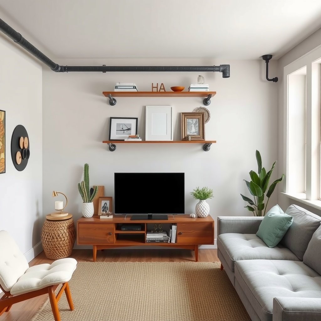 Chic industrial pipe shelving with wooden shelves and metal supports in a small living room.