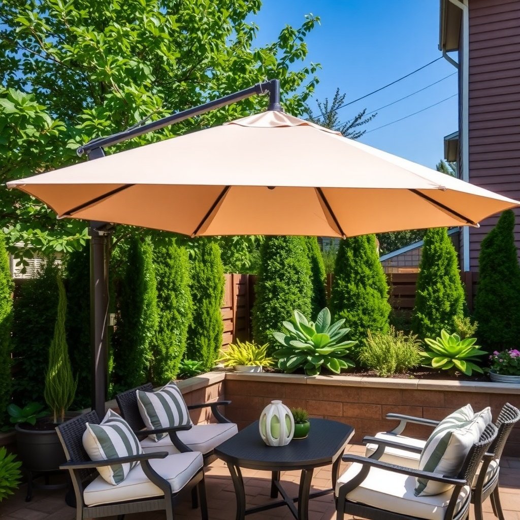 A chic outdoor patio with a large umbrella providing shade over a seating area.