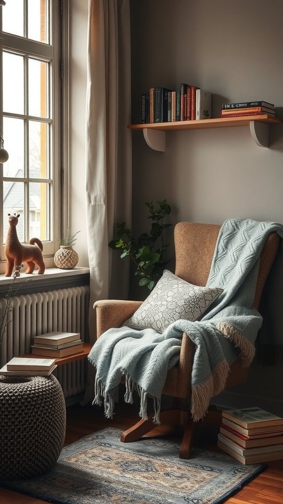 A cozy reading nook featuring a comfortable chair by the window, adorned with a soft blanket and decorative pillows, surrounded by books and a small plant.