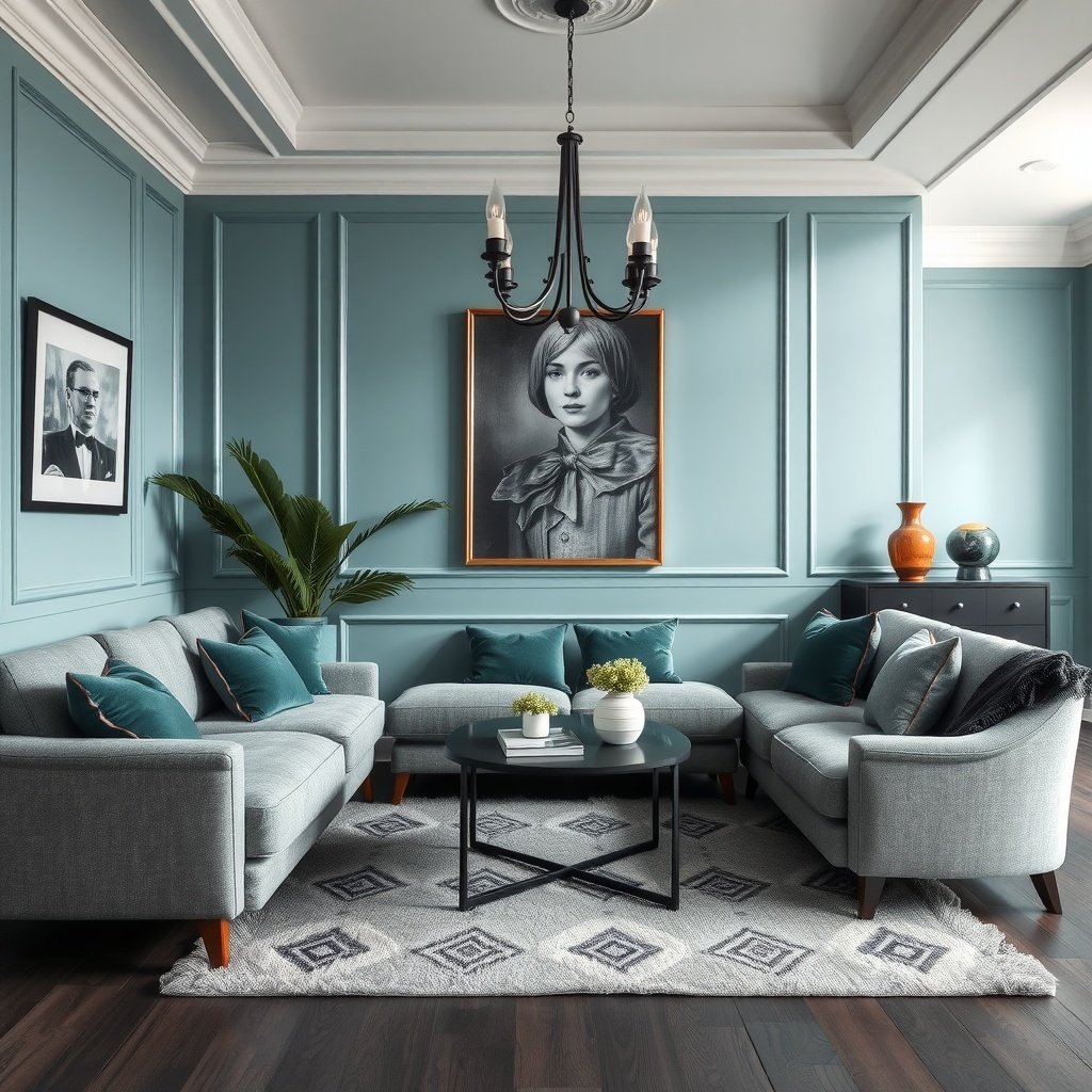 A stylish living room featuring teal walls, gray furniture, and decorative accents.