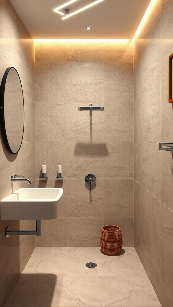 Elegant bathroom with wall wash lighting accentuating the space.