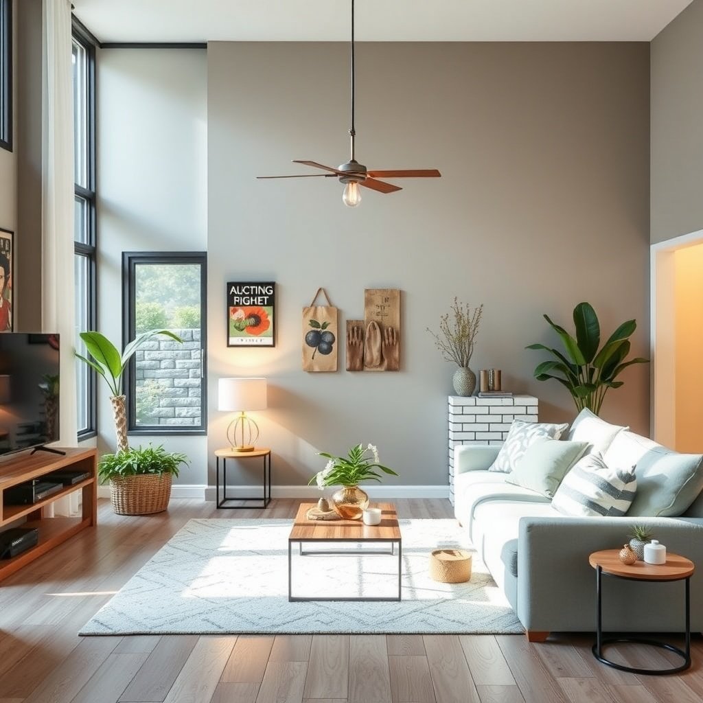 A bright and airy living room with light fixtures that enhance brightness.