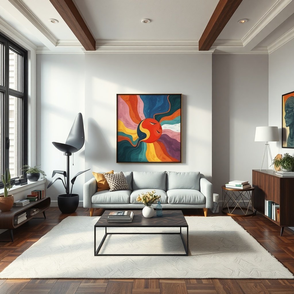 A small living room featuring a colorful statement art piece above a light blue couch.